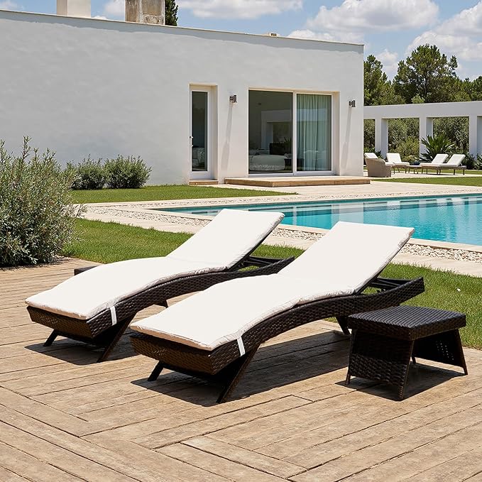PE Rattan Foldable Backrest Chaise Lounge Set of 2 Chairs with Detachable Cushions + 2 Table, Outdoor Pool Folding Recliners and Coffee Tables, Adjustable Patio Lounge Chairs and Side Tables