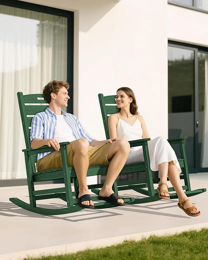 SERWALL Outdoor Rocking Chair Set of 4, Oversized HDPE Patio Rocking Chair with Footrest for Adults, All Weather Porch Rocker for Deck Patio Balcony, Green
