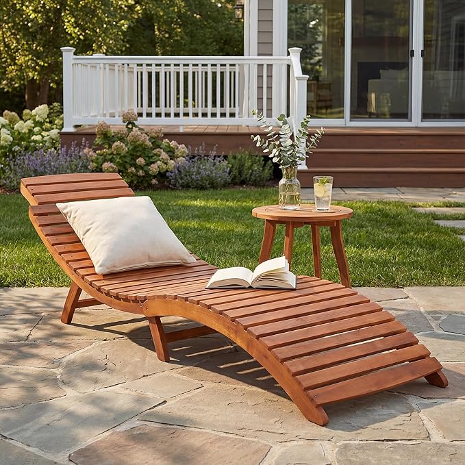 Flamaker Lounge Chairs for Outside Folding Acacia Wood Chaise Lounge with Side Handle Sun Lounger for Poolside, Lawn, Backyard (1 Piece)