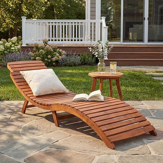 Flamaker Lounge Chairs for Outside Folding Acacia Wood Chaise Lounge with Side Handle Sun Lounger for Poolside, Lawn, Backyard (1 Piece)