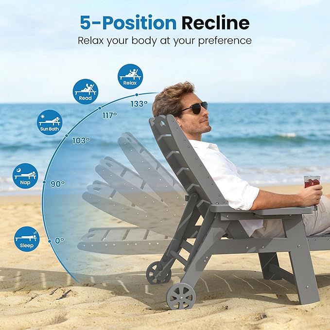 UDPATIO Outdoor Chaise Lounge Chair, HDPE Patio Lounge Chairs for Outside with Wheels & Cup Holder, Reclining Seating with 5 Position for Poolside Deck Garden Indoor,Grey,1PC