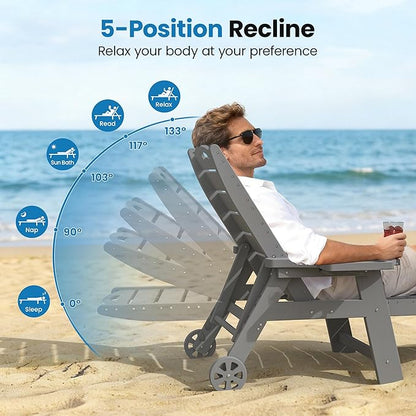 UDPATIO Outdoor Chaise Lounge Chair, HDPE Patio Lounge Chairs for Outside with Wheels & Cup Holder, Reclining Seating with 5 Position for Poolside Deck Garden Indoor,Grey,2PCS