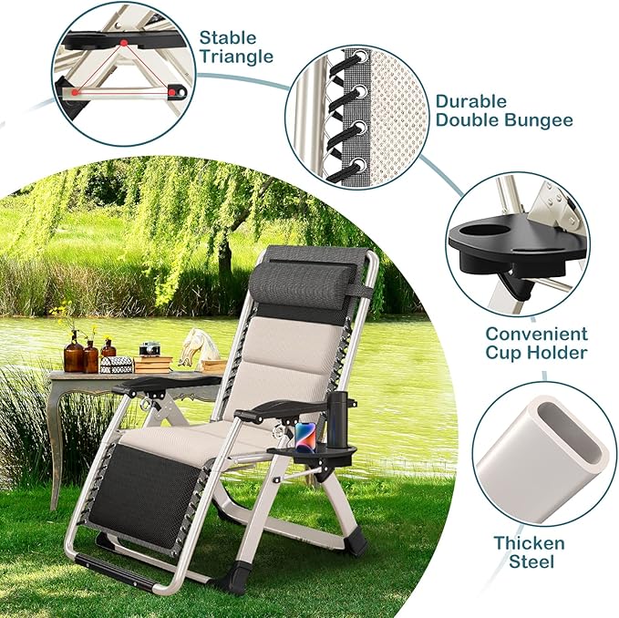 NAIZEA Padded Zero Gravity Chair, Folding Outdoor Lounge Chairs, Adjustable Reclining Camping Chairs with Cup Holder - Photo 5