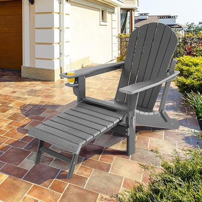 Giantex Folding Adirondack Chair, HDPE Patio Chairs Fire Pit Lounge Chair W/Retractable Ottoman & Cup Holder, Weatherproof Outdoor Adirondack Chairs for Porch, Garden, Backyard (1, Gray)
