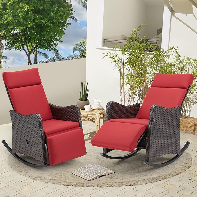 HOMREST Outdoor Recliners for Patio Set of 2, Wicker Rocking Chairs with Extended Footrest & Removable Cushion, Porch Balcony Lounges for Porch Garden,Burgundy