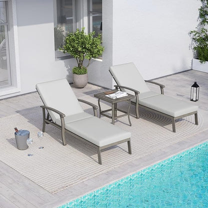 Chaise Lounge Chair Outdoor - 3 Piece Patio Aluminum Chaise Lounge Chair Set with Side Table, Removable Cushion and Adjustable Reclining Positions for Outdoor Poolside Backyard