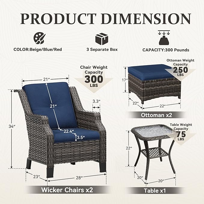 Wicker Patio Furniture Set - 5 Piece Rattan Outdoor Conversation Sets with 2 Wicker Patio Chairs, 2 Ottomans - Photo 2
