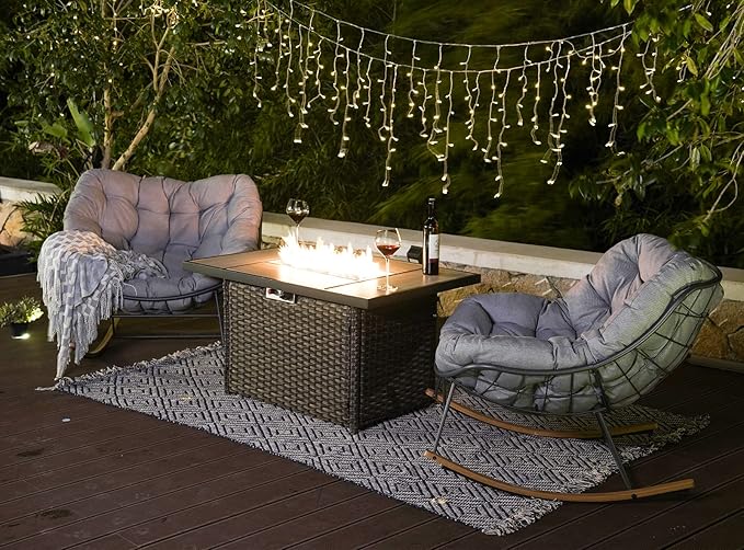 Grand patio Rocking Chair Set of 3, Rectangular Propane Fire Pit Table with Resin Wicker Base and Ceramic Tabletop, Royal Rocking Chairs with Padded Cushion and Faux Woodgrain Base
