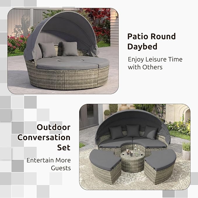 Tangkula Patio Round Daybed with Retractable Canopy, Outdoor Wicker Rattan Furniture Set, Sectional Cushioned Sofa Set with Height Adjustable Coffee Table, Rattan Conversation Set (Grey)