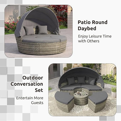 Tangkula Patio Round Daybed with Retractable Canopy, Outdoor Wicker Rattan Furniture Set, Sectional Cushioned Sofa Set with Height Adjustable Coffee Table, Rattan Conversation Set (Grey)