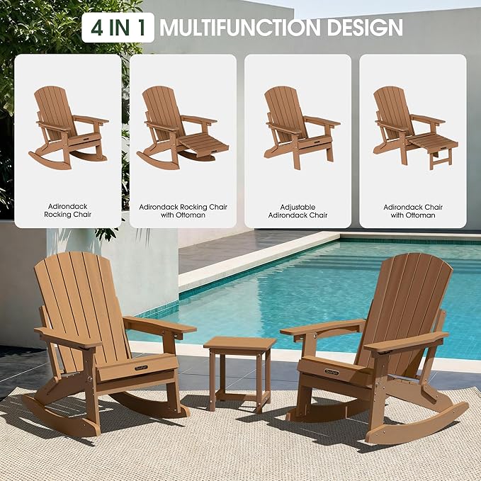 Adirondack Rocking Chair with Retractable Ottoman Set of 4, 4-in-1 Foldable Reclining Patio Chair, HDPE Wood-Look Outdoor Rocker for Porch, Garden & Poolside, Teak