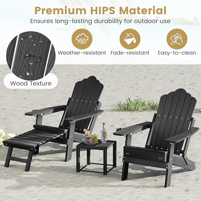 Giantex Folding Adirondack Chair, All-Weather Lounge Chair with Adjustable Backrest, Retractable Ottoman, Cup Holder, HIPS Fire Pit Chair for Lawn, Pool, Patio, Porch (1, Black)