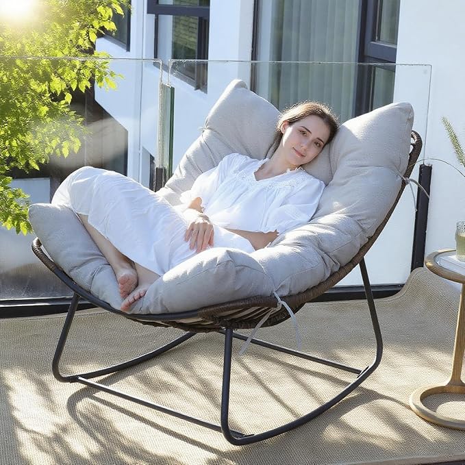 Outdoor Papasan Rocking Chair Oversized Set of 2 - Rocking Chair with Soft Cushion, 30° Rocker Egg Chair for Patio, Front Porch, Backyard, Living Room, Grey