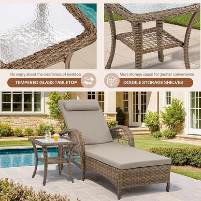 HOMEDIARY 3-Piece Outdoor Wicker Lounge Chair Set, Patio Chaise Loungers Set of 2 w/Side Table, 6-Position Adjustable Poolside Sunbathing Recliner, Armrest and Head Pillow, Fade-Resistant, Beige