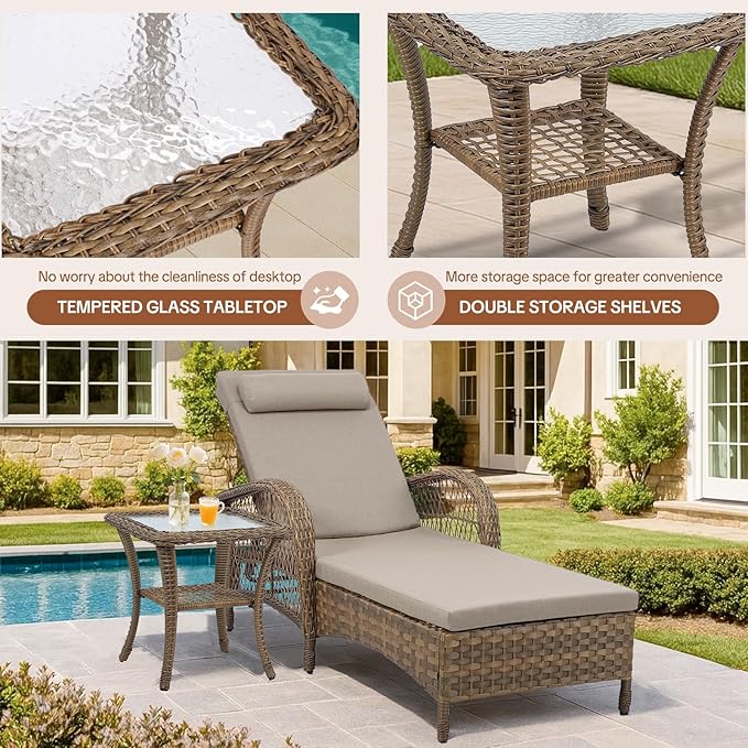 HOMEDIARY Outdoor Wicker Lounge Chair Set, 6-Position Adjustable Patio Chaise Lounge w/Side Table - Photo 8