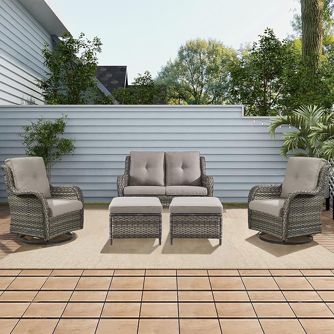 Rilyson Wicker Patio Furniture Set - 5 Piece Rattan Outdoor Sectional Conversation Sets with 2 Rocking Swivel Chairs - Photo 7