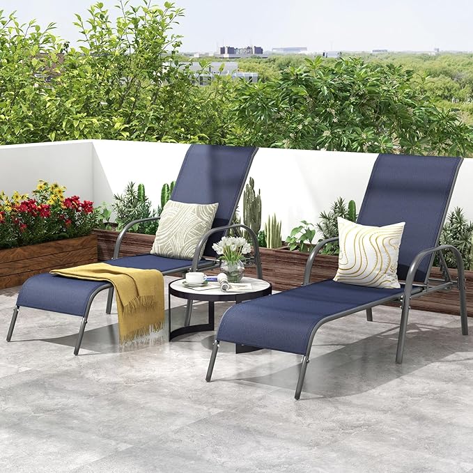 COSTWAY Outdoor Lounge Chairs Set of 2, Patio Chaise Lounge Recliner with Heavy Duty Steel Frame, 5-Position Adjustable Backrest for Deck, Beach, Pool (2, Navy)