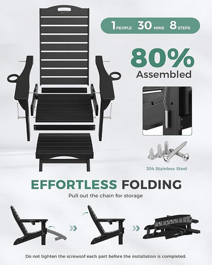 Folding Adirondack Chair with Retractable Ottoman Weather Resistant Fire Pit Chair Patio Chair with 2 Cup Holder Lawn Outdoor Lounge Chair (Black)