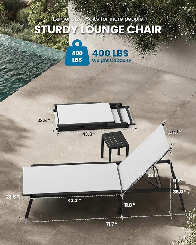 Outdoor Pool Lounge Chairs, Aluminum Foldable Chaise Lounge Outdoor with 5 Positions Recliner - Foldable & Free Assembly - Patio Lounge Chair for Poolside, Beach (Bright White 1Pack)