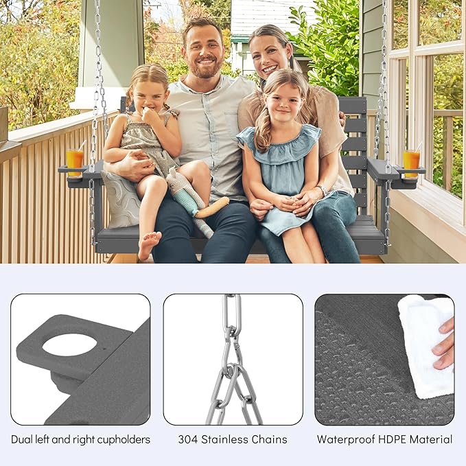 Plawdlik Porch Swings,2 Seat Patio Chair with Two Cup Holders,HDPE Waterproof Bench for Courtyard-Grey - Photo 5