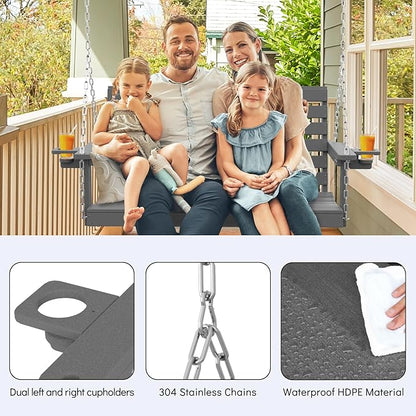 Plawdlik Porch Swings,2 Seat Patio Chair with Two Cup Holders,HDPE Waterproof Bench for Courtyard-Grey