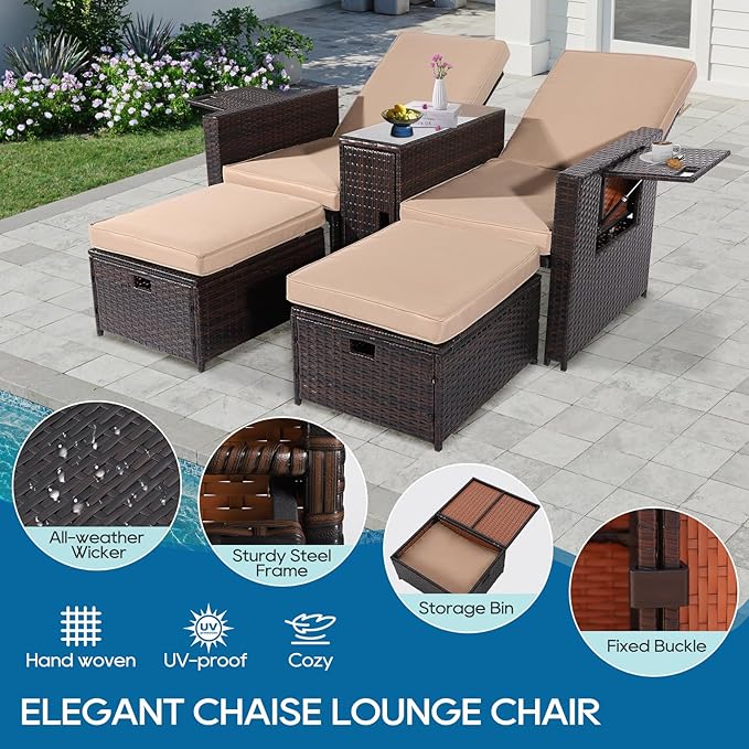 5PCS Outdoor Wicker Chaise Lounge Chair - Rattan Adjustable Reclining Patio Lounge Chair with Ottoman and Coffee Table, for Patio Beach Pool Backyard (Brown Wicker Khaki Cushion)