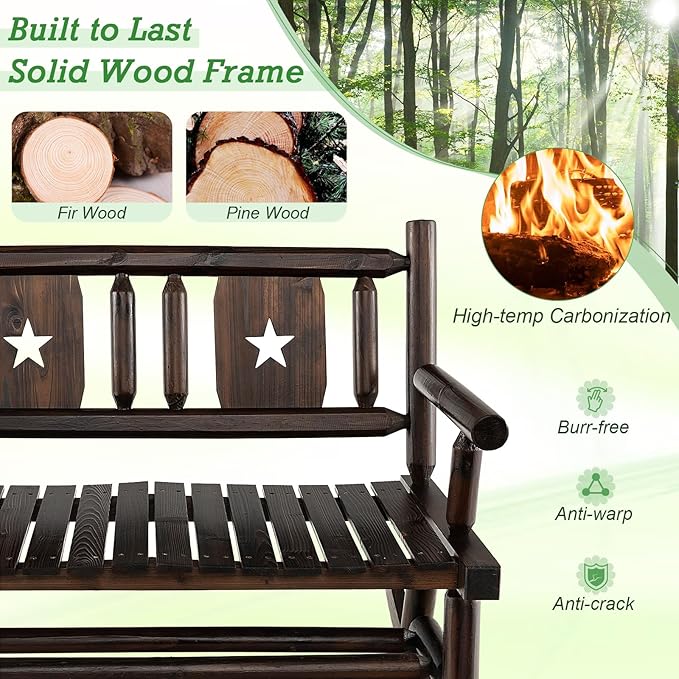 Giantex Outdoor Rocking Bench, Patio Loveseat Rocker for 2 w/Ergonomic Back & Log Arms, Carbonized Fir Wood Frame, Wooden Double Rocking Chair for Porch, Garden, 710 LB Capacity, Rustic Brown (2)