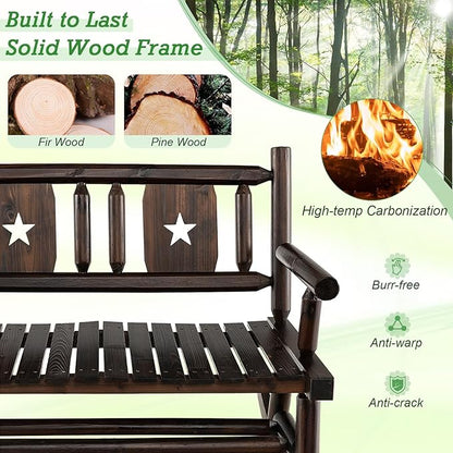 Giantex Outdoor Rocking Bench, Patio Loveseat Rocker for 2 w/Ergonomic Back & Log Arms, Carbonized Fir Wood Frame, Wooden Double Rocking Chair for Porch, Garden, 710 LB Capacity, Rustic Brown (2)