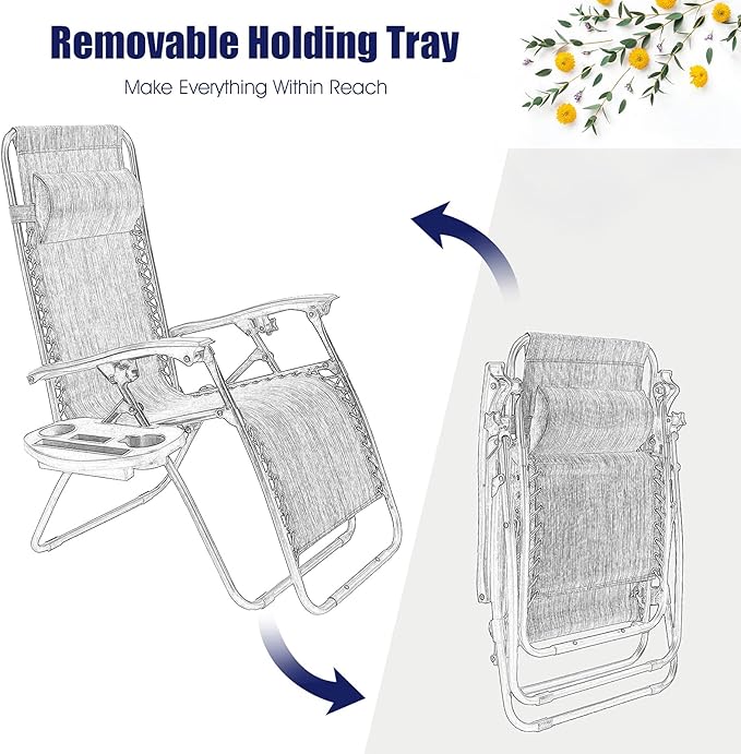 Folding Zero Gravity Reclining Textilene Lounge Chairs, Outdoor Adjustable Patio w/Pillows & Cup Holder Trays for Backyard, Beach, Poolside (NY)