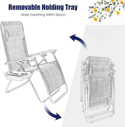 Folding Zero Gravity Reclining Textilene Lounge Chairs, Outdoor Adjustable Patio w/Pillows & Cup Holder Trays for Backyard, Beach, Poolside (NY)