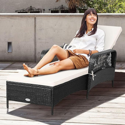 HAPPYGRILL Patio Chaise Lounge Chair Set of 2, Outdoor Rattan Wicker Recliner with Thick Cushion, Lumbar Pillow, Adjustable Backrest for Garden Porch Lawn Poolside