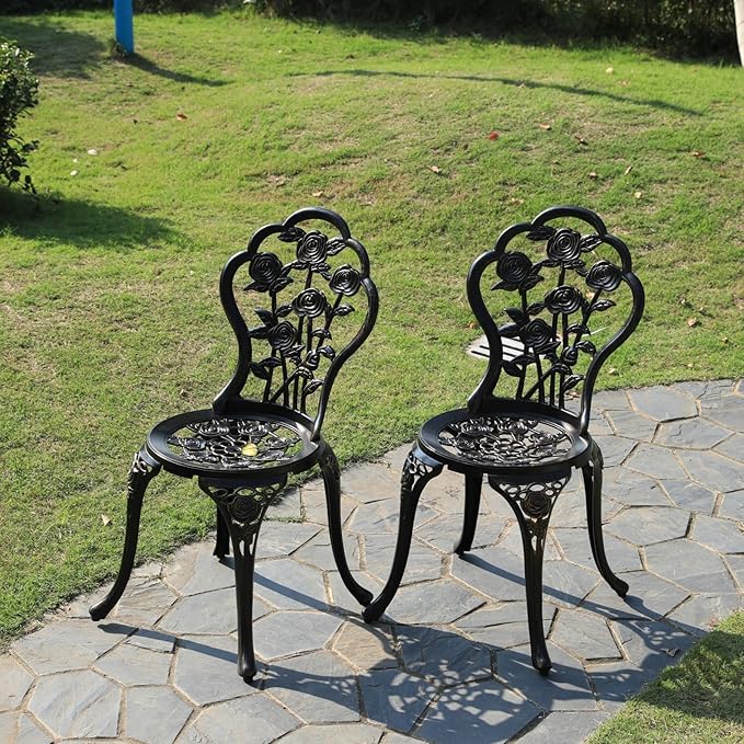 KAILI Rose Garden Cast Aluminum Bistro Chairs, Decorative Outdoor Patio Seating, Set of 2, White and Black (Rose Chair Bronze)