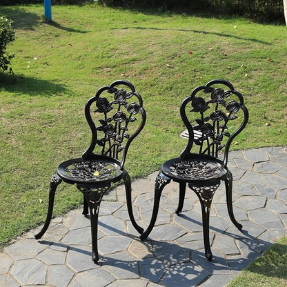 KAILI Rose Garden Cast Aluminum Bistro Chairs, Decorative Outdoor Patio Seating, Set of 2, White and Black (Rose Chair Bronze)