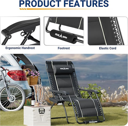 UDPATIO Zero Gravity Chair Oversized Outdoor Anti Gravity Chairs Patio Lounge Folding Adjustable Chair with Cup Holder, Foot Pad & Padded Headrest, Supports 500lbs (2, Grey, 33in)