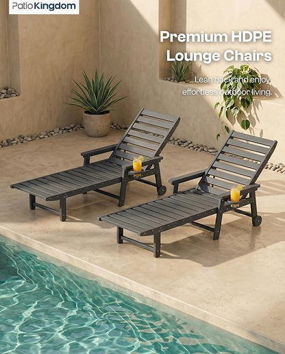 5-Position Adjustable Lounge Chair Outdoor Set of 2 with Umbrella, HDPE Outdoor Chaise Lounge with Cup Holder & Wheels, Pool Lounge Chairs for Poolside, Beach, Deck, Grey
