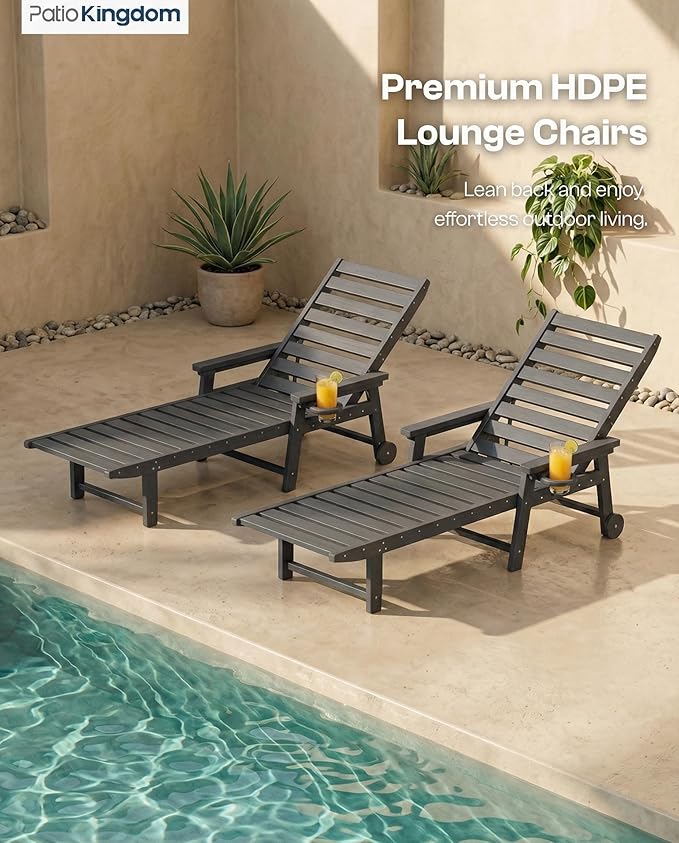5-Position Adjustable Lounge Chair Outdoor, HDPE Outdoor Chaise Lounge with Cup Holder & Wheels - Photo 6
