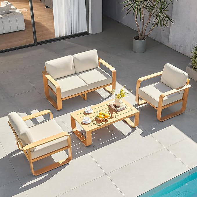 CHITA Outdoor Furniture Set 4 Piece, 4-Seats Patio Conversation Set with 6.3in Thick Cushions & 100% Aluminum Frame & Coffee Table, Modern Outdoor Patio Furniture Sofa Set for Poolside, Deck, Balcony
