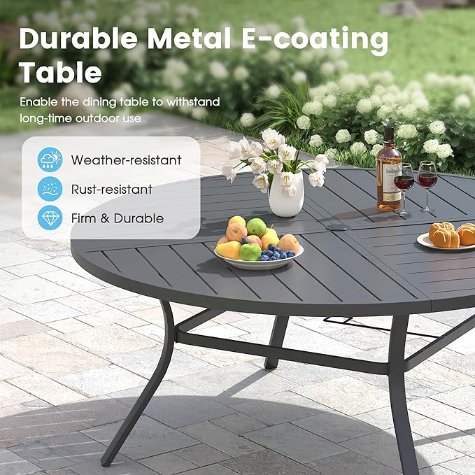 Patio Dining Table for 8-10, Round Metal Outdoor Table with Storage Shelf, 1.57" Umbrella Hole, 63" Outdoor Quartered Tabletop Dining Table for Backyard, Porch, Lawn, Dark Grey