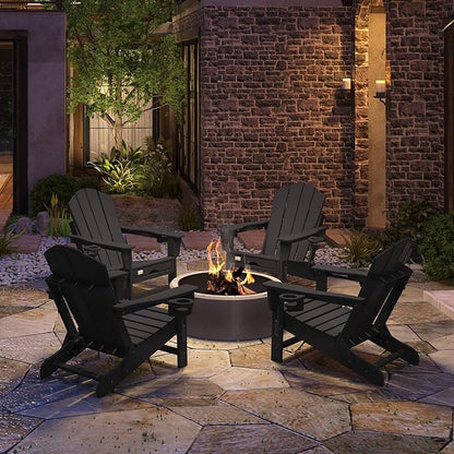 Mdeam Folding Adirondack Chair with Retractable Ottoman, HDPE All-Weather Fire Pit Chair with 2 Cup Holders, Outdoor Chair for Deck Patio Garden Backyard Lawn (Black)