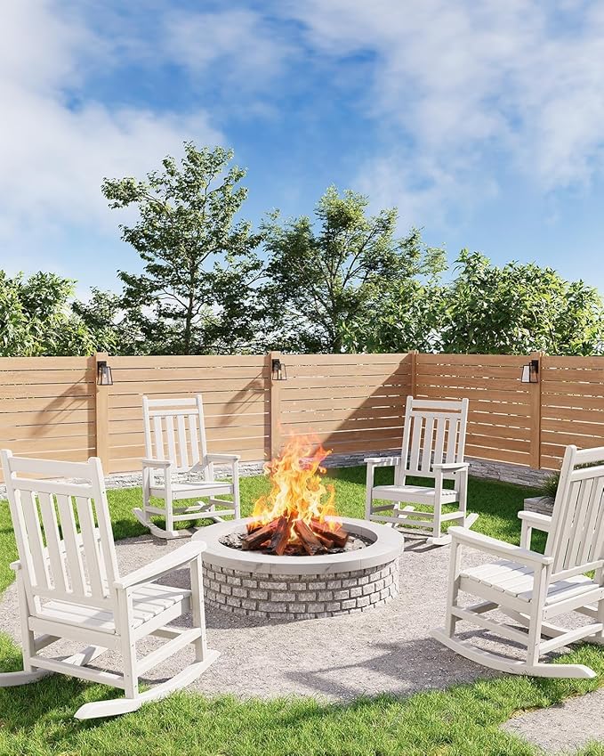 HDPE Outdoor High Back Adirondack Rocking Chair, All-Weather Patio Furniture for Adults, 380lbs Weight Capacity, Low-Maintenance Porch Rocker for Backyard/Garden, White