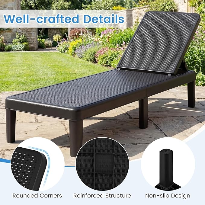Tangkula Outdoor Chaise Lounger Chair, 4-Position Reclining Chair with Waterproof Rattan Textured PP Surface, 330 lbs Capacity & Easy Assembly for Pool Garden Deck Beach (1,Black)
