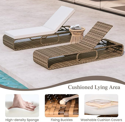 Tangkula Outdoor Chaise Lounge Chair, 7-Position PE Wicker Patio Reclining Sun Lounger with Adjustable Backrest, Cushion and Storage, Pool Sunbathing Recliner for Poolside, Backyard (2, Off White)