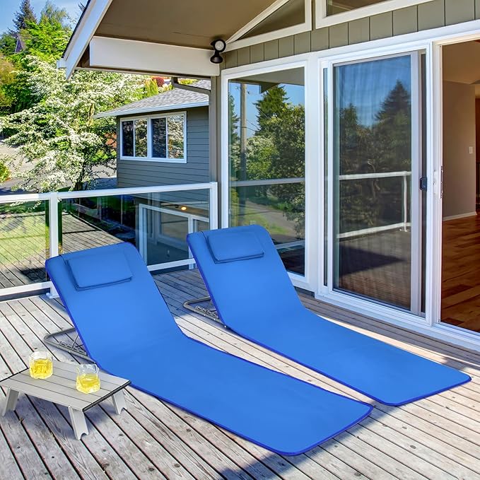 COSTWAY 3-Piece Beach Lounge Chairs, Outdoor Lounger with Side Table, 5 Reclining Positions, Lightweight & Portable Tanning Chairs for Sunbathing, Camping (Navy)