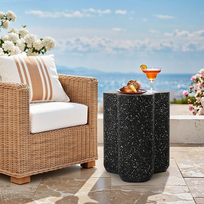 18" Modern Outdoor Side Table, Durable Lightweight MGO Faux Terrazzo Patio Accent Table, Black Coffee Table - Photo 6
