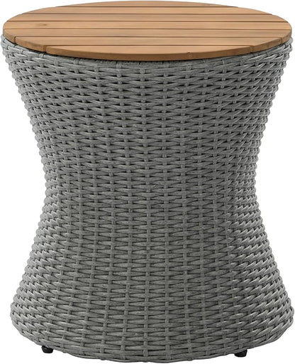 Christopher Knight Home Fenton 17.5" Outdoor Side Table, Round Patio End Table with Wood Top and Wicker Base, Small Outdoor Coffee Table for Balcony Garden Poolside, Accent Garden Stool, Grey+Natural