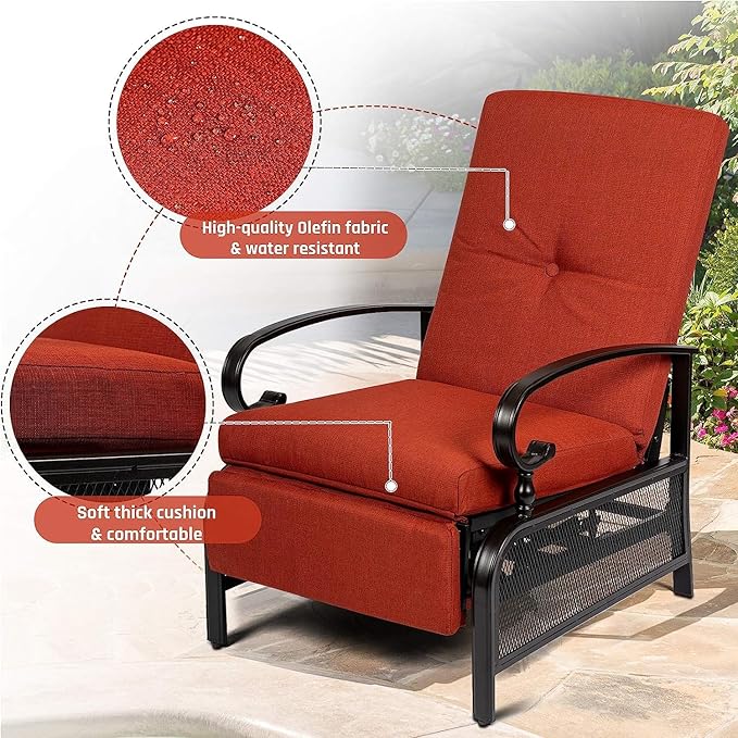 SUNCROWN Outdoor Recliner Chair Patio Adjustable Relaxing Chairs Outdoor Metal Furniture Chair with Thick Cushion, Red - Photo 4