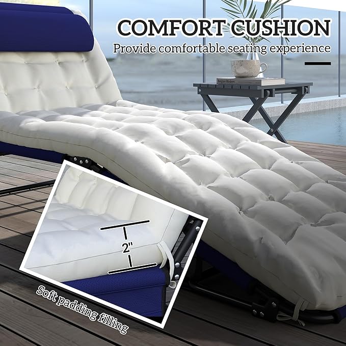 Outsunny Folding Chaise Lounge with 4-Level Reclining Back, Outdoor Tanning Chair with Cushion, Outdoor Lounge Chair with Breathable Mesh Fabric, Side Pocket, Headrest, Navy Blue