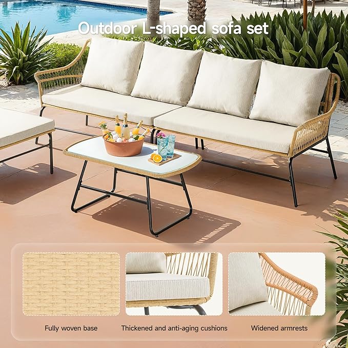ONBRILL 4-Piece Outdoor Sectional Set, 4-Seats Wicker Patio Couch Sets with Cushion and Tempered Glass Coffee Table - Photo 4