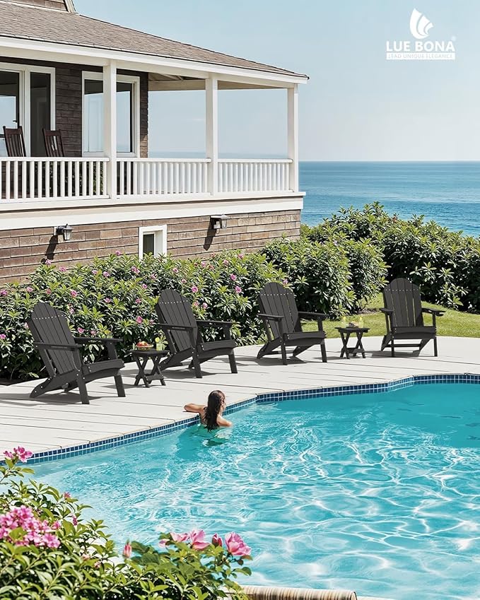 LUE BONA HDPE Folding Adirondack Chairs Set of 4 - Weather Resistant Seating with Cup Holder for Patio, Fire Pit - Photo 6