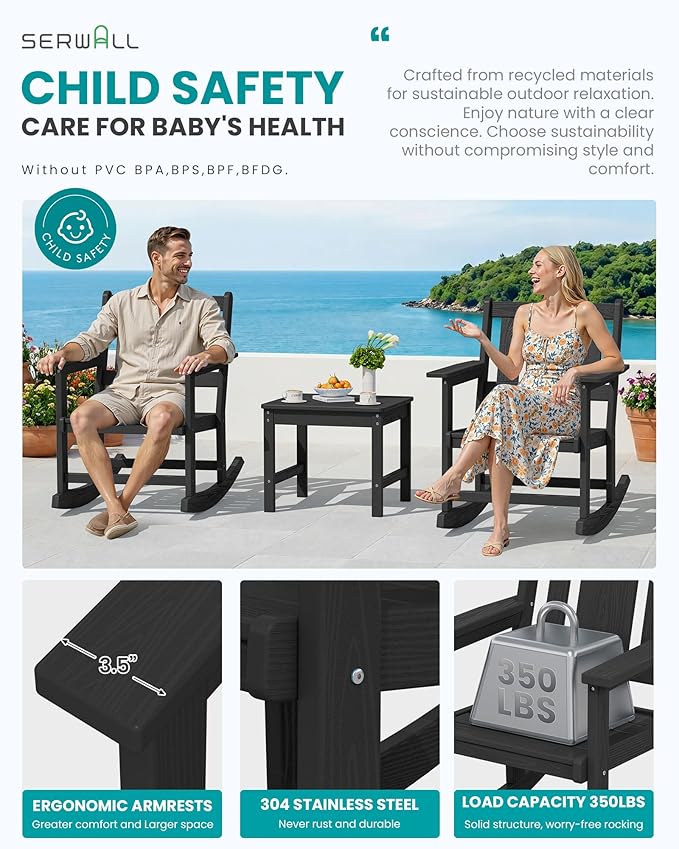 SERWALL Outdoor Rocking Chair Set of 2 with Side Table, All-Weather HDPE 3 Piece Patio Furniture Set - Photo 4
